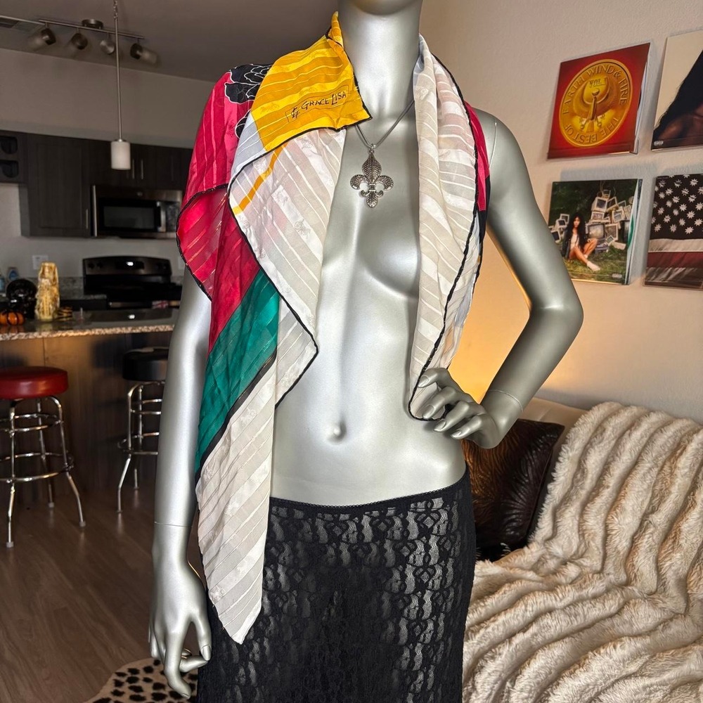 Grace Lisa Vintage Silk Look Scarf Vest Multicolor Floral Y2K